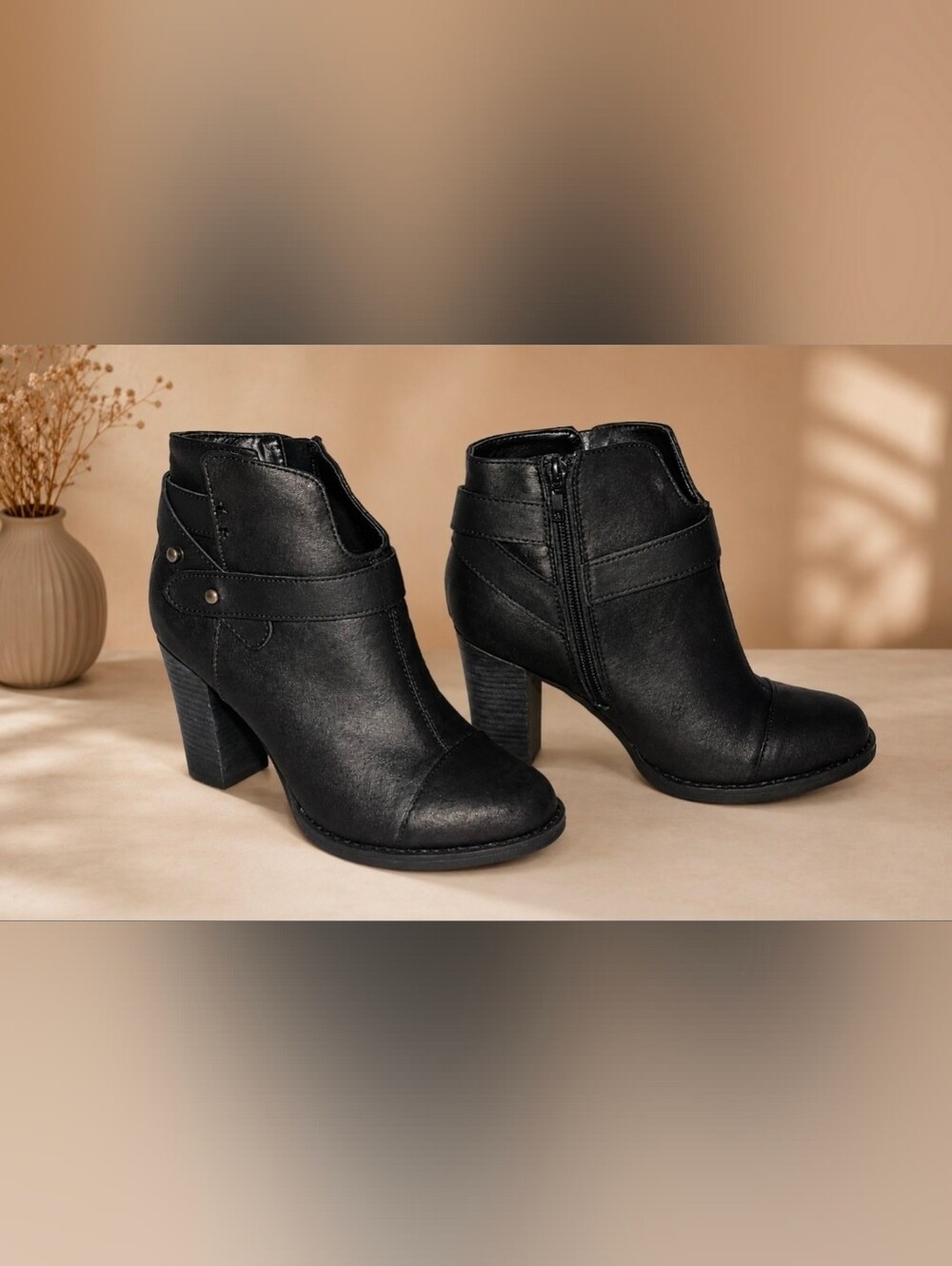 Crown Vintage | Black Cap Toe Ankle Booties | Moto Boho Zip Chunky Heel | Size 9